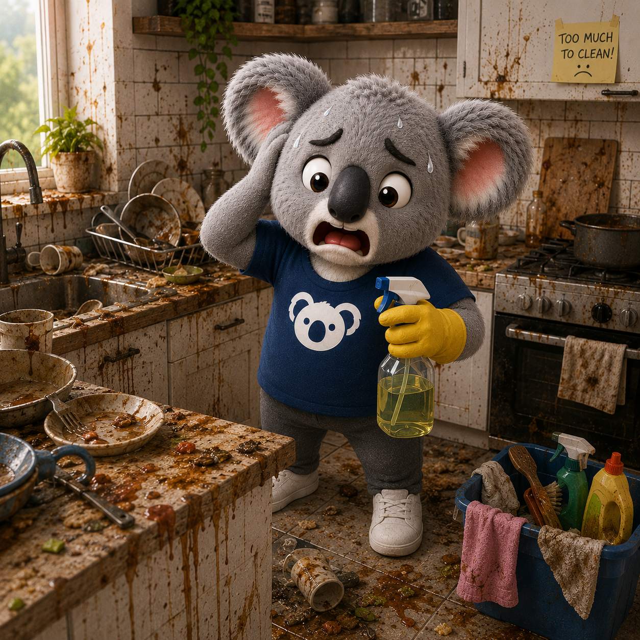 Kona the koala, task overdue — the scene falling apart