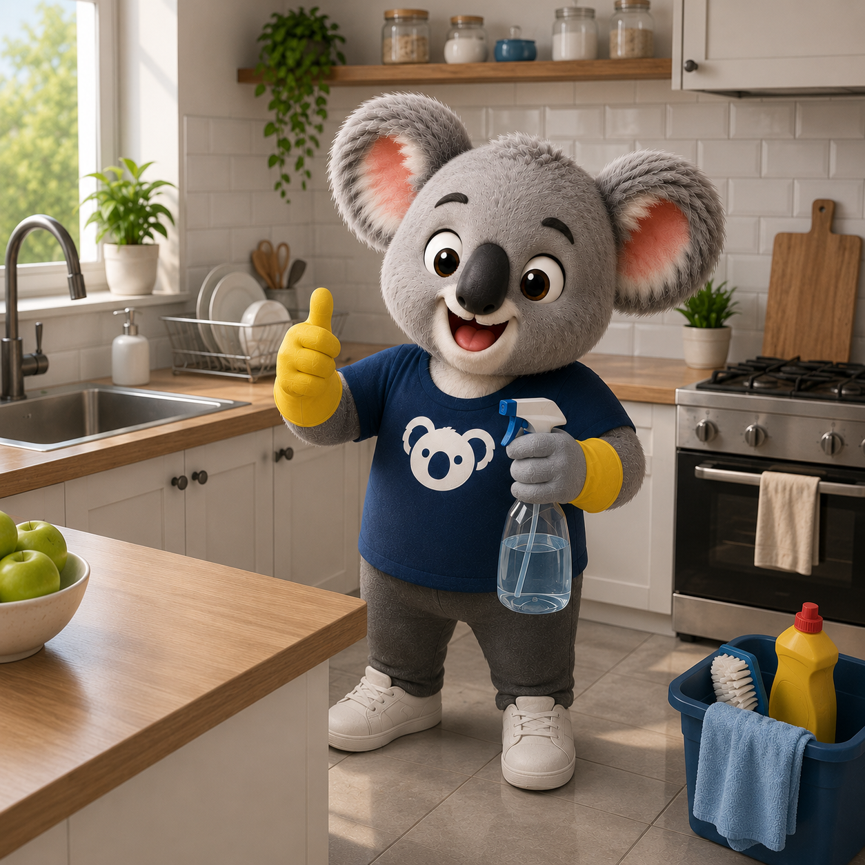 Kona the koala, task completed — spotless and proud