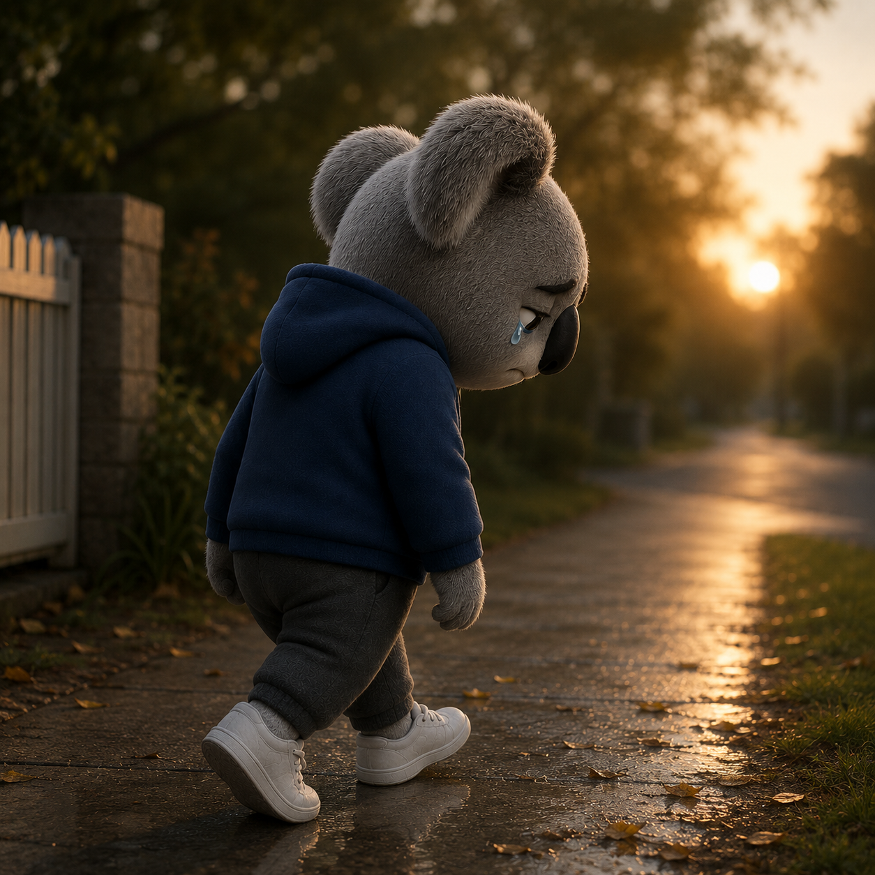 Kona the koala, head down, walking away for good